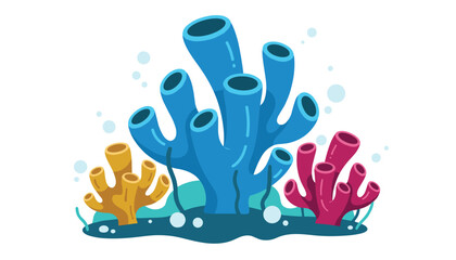 Obraz premium Vibrant underwater scene featuring large blue tube corals surrounded by smaller pink and yellow coral formations in a clear ocean.