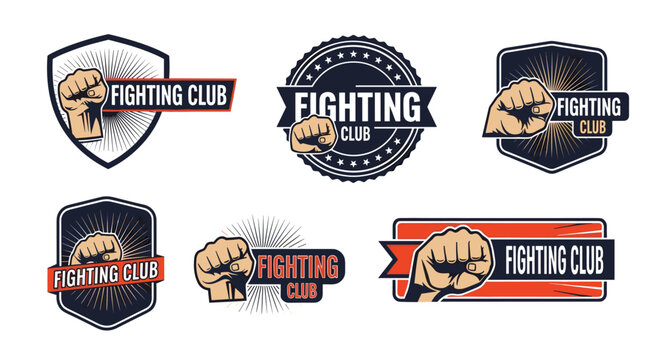 Collection of fighting club logos and badges featuring a clenched fist and powerful graphics on different shield shapes.