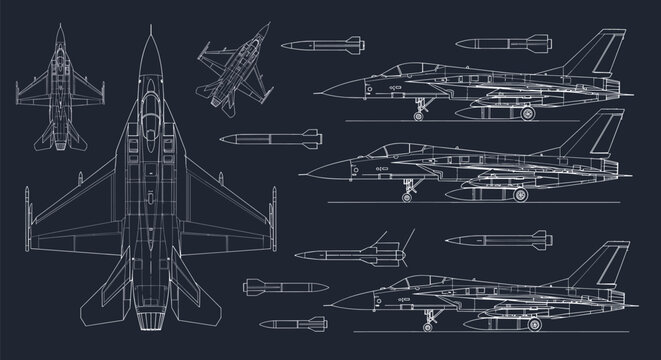 Technical blueprint of a military fighter jet and missiles showing various views and components on a dark background.