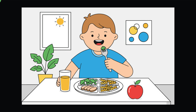 Little boy sitting at a table and enjoying a balanced healthy meal consisting of pasta, vegetables, meat, and orange juice.