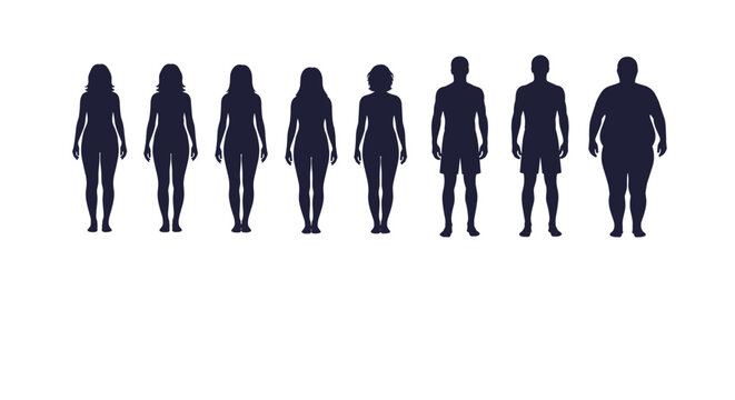 Silhouette progression of male and female body types showing various weights and shapes from lean to obese for health.