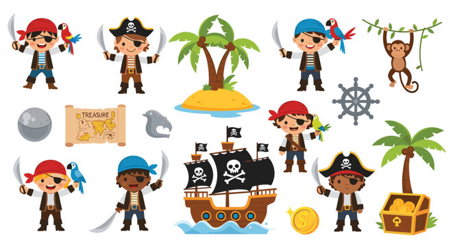 Set of cute pirate themed cartoon characters with parrots a treasure chest map and a ship for a kids adventure story.