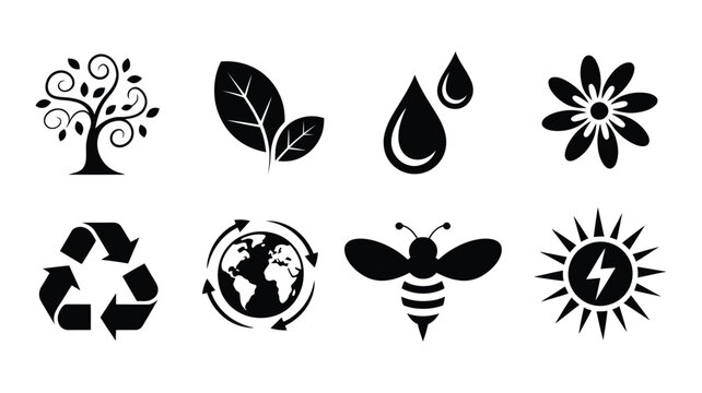 Eco Friendly Icon Set presenting tree leaf water drop flower recycle globe bee and sun energy symbols, green sustainability graphics, nature conservation vector illustration elements