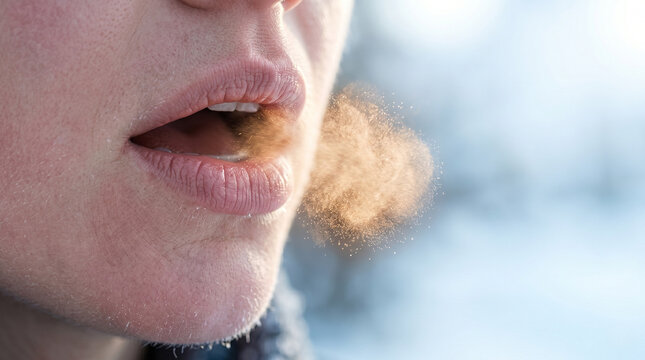Close up of a person exhaling visible breath in freezing winter air