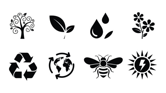 Eco Friendly Icon Set featuring tree leaf water drop flower recycle globe bee and sun energy symbols, nature conservation graphics, sustainability vector illustration elements