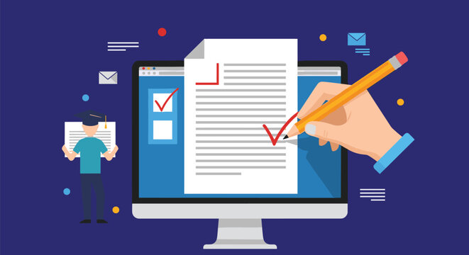 Online education concept illustrating a digital exam or survey on a computer screen with a student holding a certificate and a hand checking boxes.