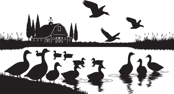 Black and white silhouette of ducks by a pond