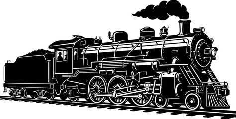 Vintage steam locomotive, black and white illustration, train icon, railroad vector graphic © Kuntal Gain
