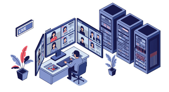 Isometric illustration of a professional control room featuring a technician monitoring multiple video screens and server racks for live broadcasting.