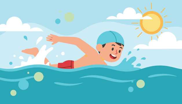 Active young boy swimming freestyle in the ocean waves under a bright sun and blue sky with white clouds during summer vacation.