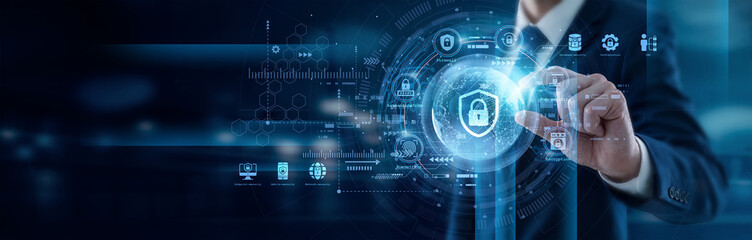 Fototapeta premium Security expert firmly hand hold global Cybersecurity network defenses preventing complex digital threats. Continuous monitoring protects data integrity and maintains trust for all users.