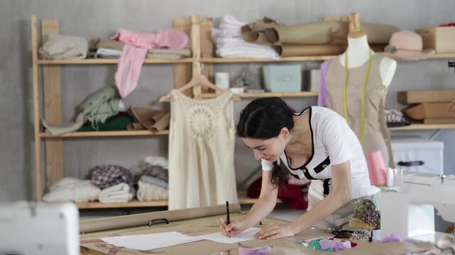 Young thoughtful dressmaker draws a sketch on paper. Fashion designer prepares a drawing according to which he will sew clothes. High quality 4k footage