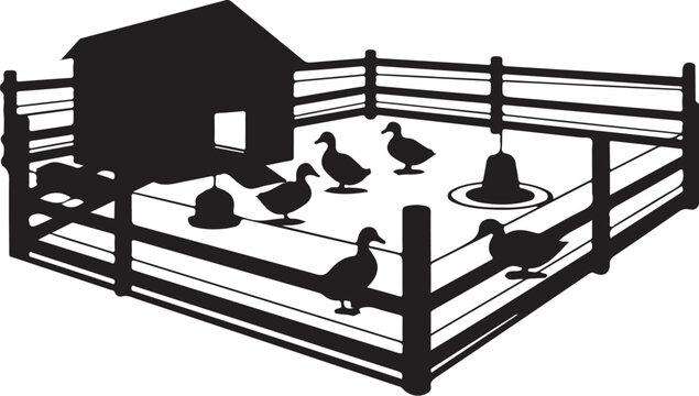 Black silhouette ducks in fenced enclosure with feeding