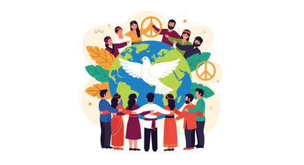 Naklejka premium Illustration of diverse people from different cultures standing together around a globe featuring a large white dove as a symbol of world peace.