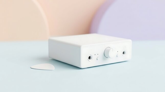 Minimalist white guitar amplifier with guitar pick on pastel background music production recording studio equipment gear