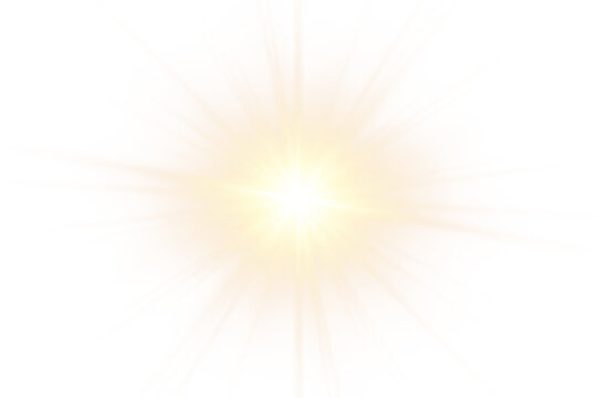 Yellow sun rays with glowing bright light star and luminous beams. Golden starburst PNG overlay on transparent background with sunlight special lens flash light effect for elegant overlays.