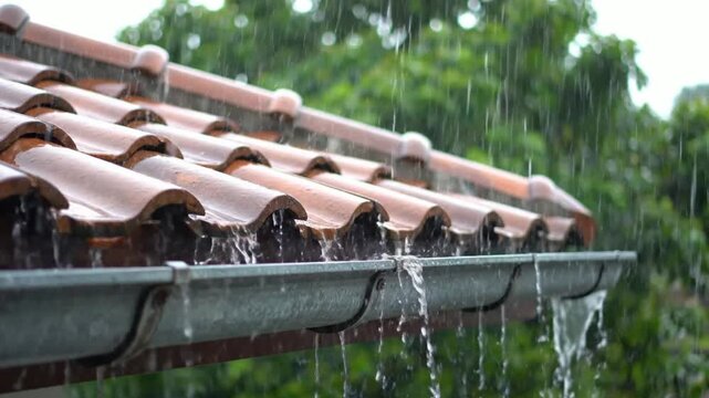 Heavy rain pouring down on red tiled roof and metal gutter during stormy weather downpour
