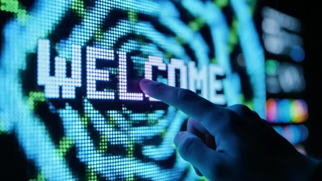 A hand touches a screen displaying a pixelated welcome message