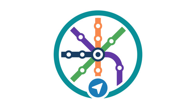 Circular subway map icon with navigation arrow, colorful transit lines and stations