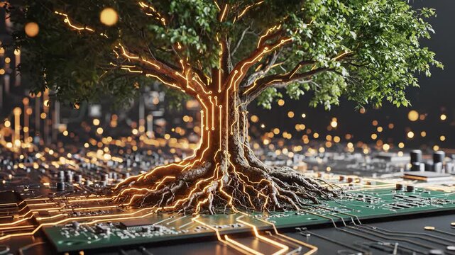 Tree with glowing circuits on a circuit board