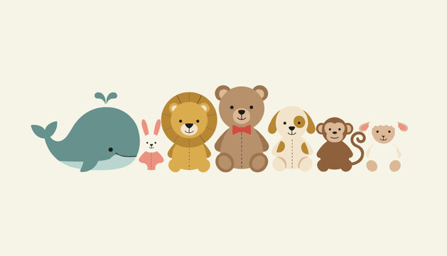 Row of cute stuffed animal toys including a whale, teddy bear, and monkey arranged on a light cream colored background.