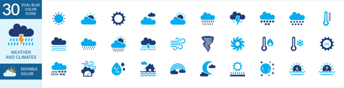 Weather, Climates & Forecast icon set. Containing symbol of sunrise, sunset, moon, clouds, rain, temperature, thunder, storm, flood, blizzard, humidity, hurricane, rainfall, hail, fog, barometer.