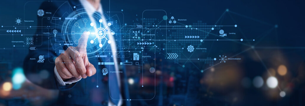 DeFi revolutionizes decentralized financial systems. A crypto trader hand touch DeFi icon to trade digital assets. This open network ledger is a peer to peer future finance system concept.