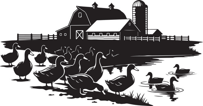 Black and white farm scene with ducks and barn silo pond