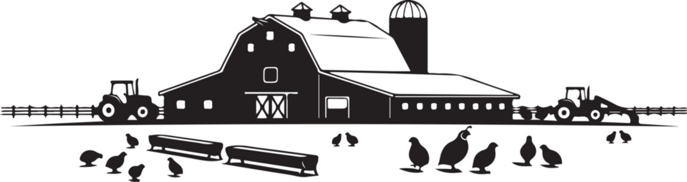 Black and white farm scene with barn silo tractors