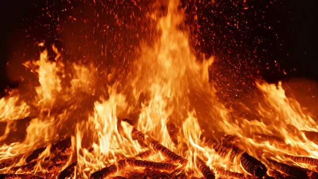 Burning wood fire with flames and sparks