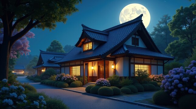 Traditional Japanese house with warm glowing lights under a large full moon in a peaceful garden during the night