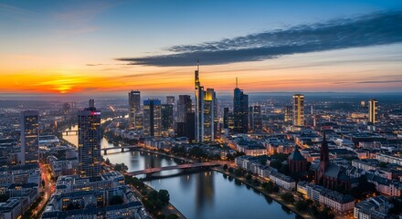 Fototapeta premium Panoramic high angle city skyline frankfurt business district twilight sunset