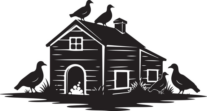 Black and white of a house with birds on and around it