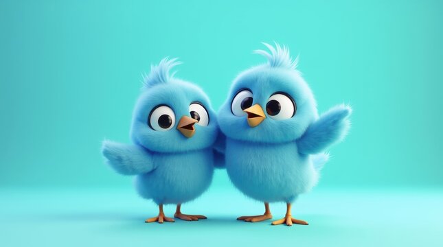 Two cute fluffy blue baby birds standing together and smiling as friendly cartoon characters in a bright room