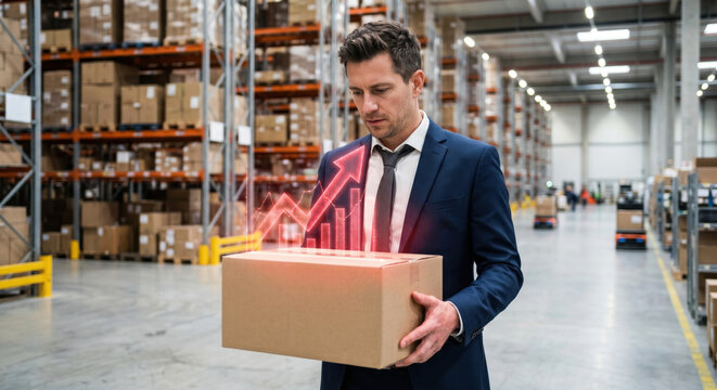 Businessman holding package in warehouse with glowing red cost chart, representing supply chain cost inflation and rising fulfillment expenses.