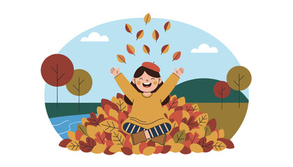 Naklejka premium Happy young girl sitting in a large pile of colorful autumn leaves and throwing them into the air in a beautiful park.