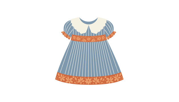 Lovely beautiful blue children's dress with a white lace collar and orange floral patterns on the waist and hemline.