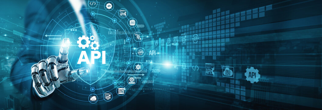 Link robot hand touch bridge shield API integration. Seamless connections allow different software applications to communicate and share data efficiently for modern web development.