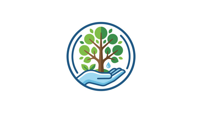 Tree growth concept: hand holding sapling with water drop, eco-friendly logo