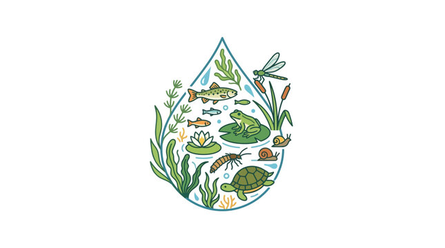 Pond Ecosystem Illustration: Water Drop with Aquatic Life and Plants