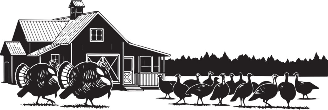 Black and white of turkeys walking in front of a farmhouse