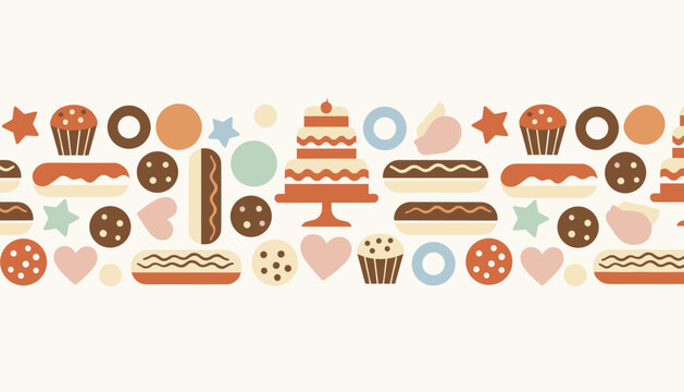 Sweet bakery pattern featuring various cupcakes eclairs cookies and donuts in soft colors for cafe or dessert branding.
