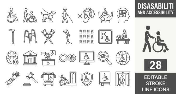 Disability and accessibility line icon set featuring inclusion, mobility, handicap, wheelchair, assistive, diversity, medical. Professional editable vector illustration for inclusive web and UI UX des