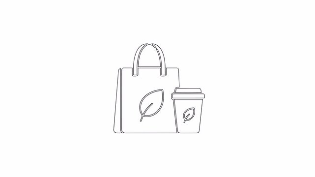 A continuous line drawing showing a reusable shopping bag and a coffee cup with a leaf logo, emphasizing eco-friendly and sustainable shopping themes.