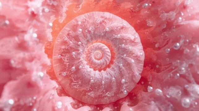 Abstract macro shot of a pink seashell with water droplets and bubbles in a vibrant red and orange liquid