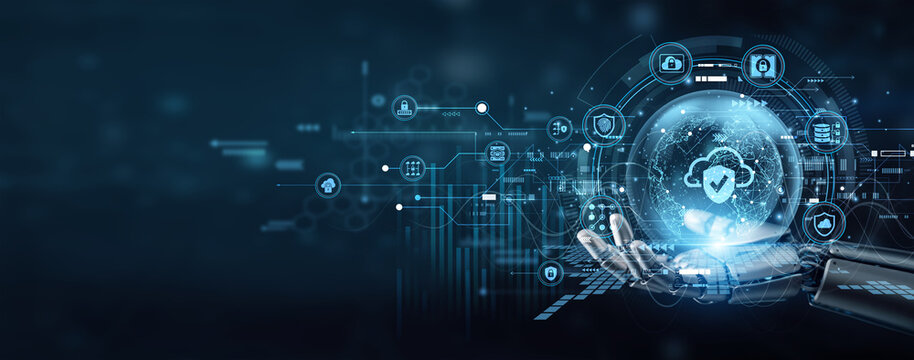Robot hand safely hold CLOUD SECURITY shields to defend global online infrastructures. Advanced threat detection and encryption methods protect sensitive data stored on remote servers.
