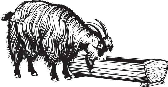 Black and white goat eating from wooden trough