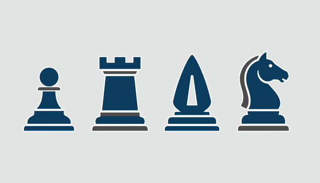 Strategic blue chess pieces including pawn rook bishop and knight lined up in row on light grey background for game concept.