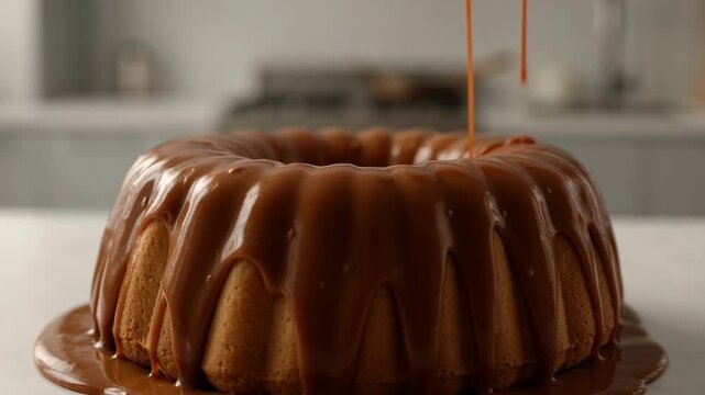 Carob glaze pouring over a bundt cake. Delicious carob based dessert preparation.