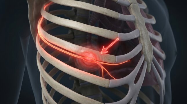 Close-up of inflamed intercostal nerve highlighted with red glow and arrow